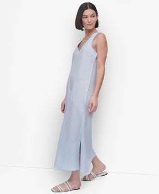 Women's Linen Panelled V-Neck Midi Dress