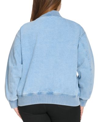 Plus Size Varsity Cotton Denim Bomber Jacket