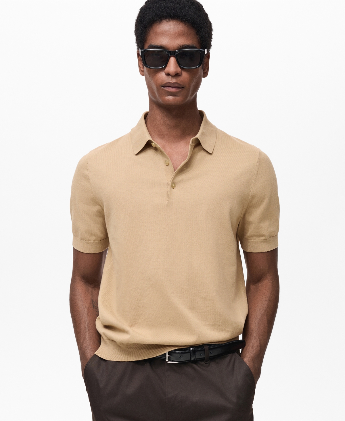Mango Men's Cotton Fine Knit Polo Shirt - Medium Brown