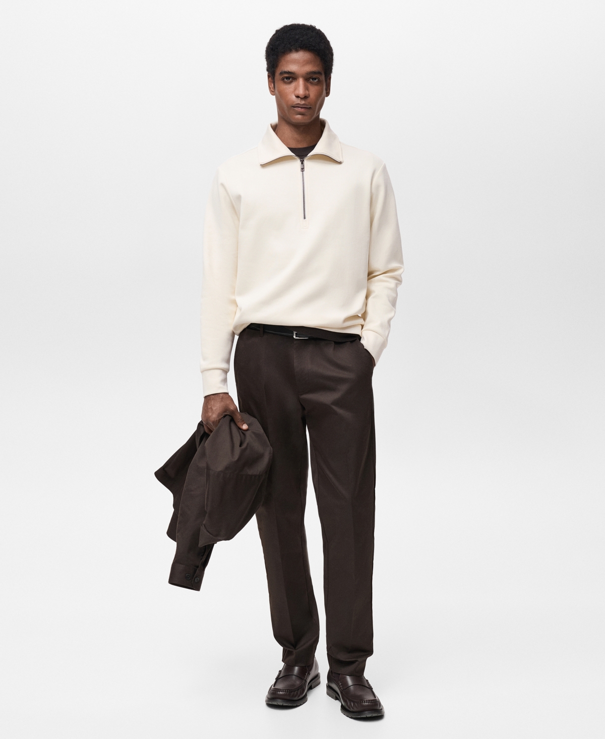 Mango Cotton Blend Half Zip Sweatshirt In Off White