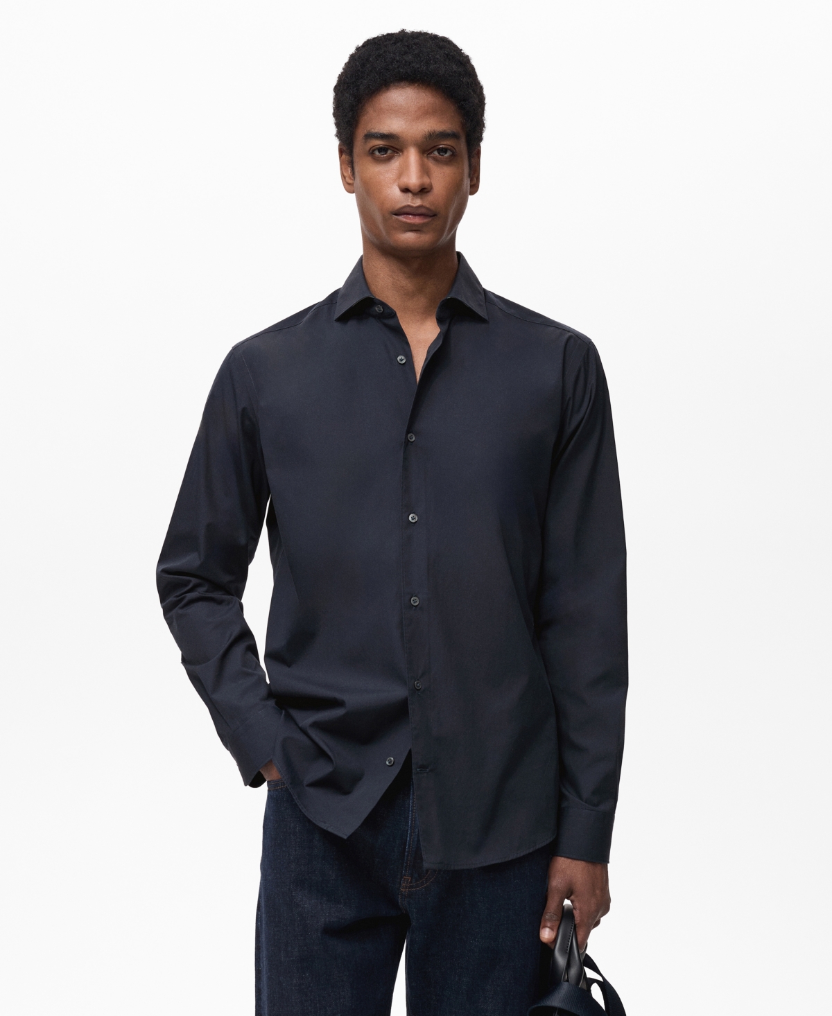 Mango Regular Fit Solid Cotton Button-up Shirt In Dark Navy