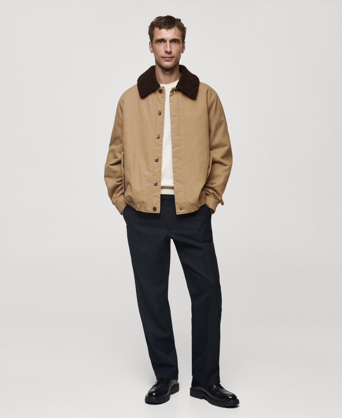 Mango Canvas Insulated Jacket With Faux Shearling Collar In Medium Brown