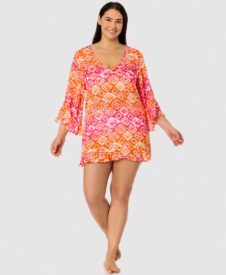Anne Cole - Women's Tie Dye Foulard Bell-Sleeve Flounce Tunic Swim Cover-Up