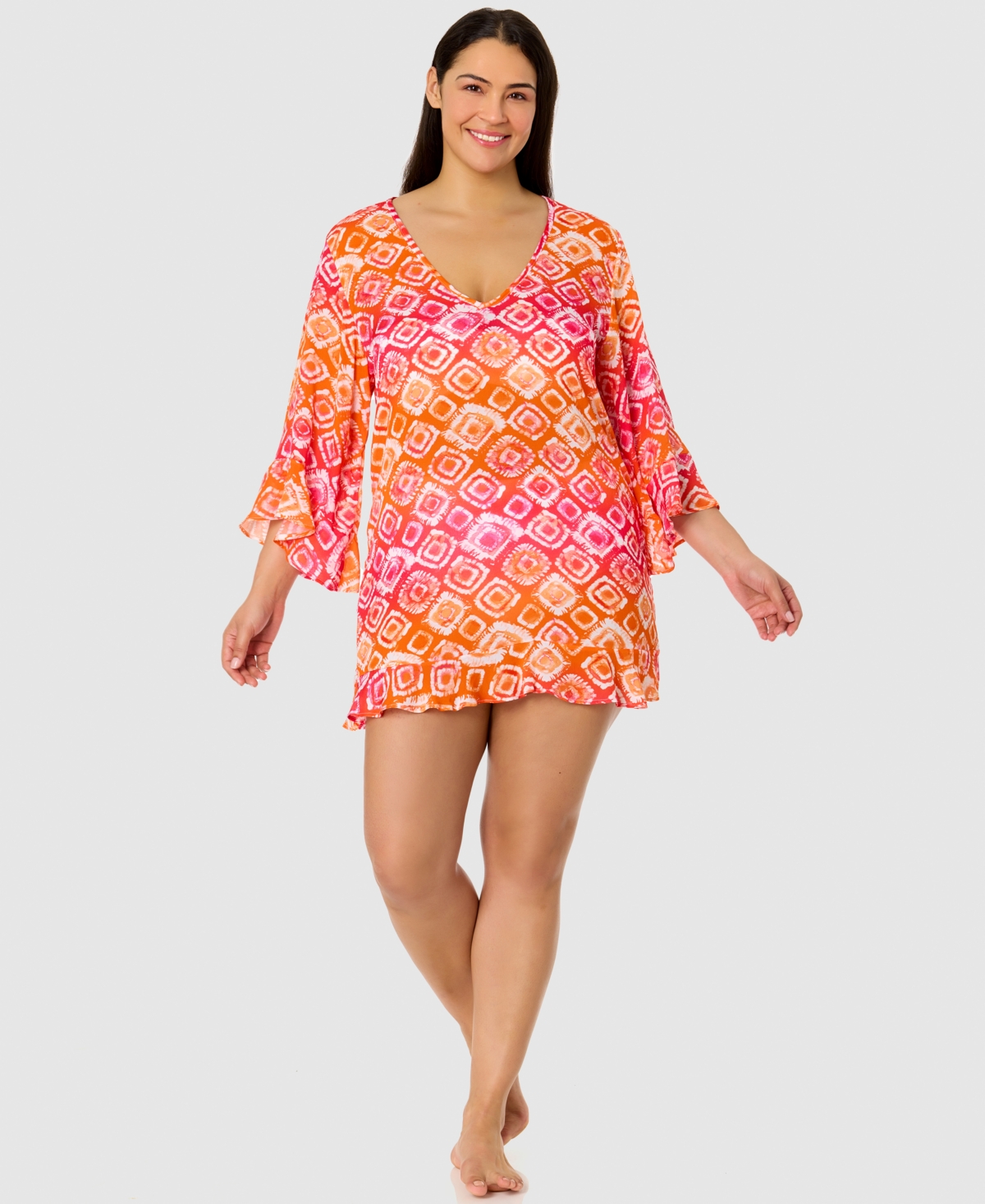 Women's Tie Dye Foulard Bell-Sleeve Flounce Tunic Swim Cover-Up - Multi Color