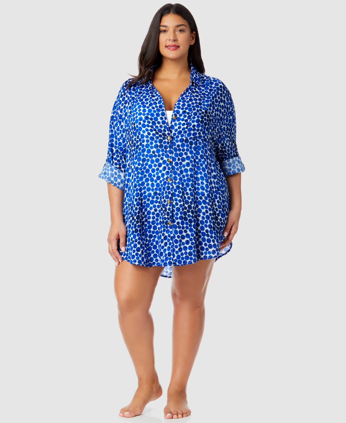 Plus Size Denim Dot Boyfriend Shirt Swim Cover-Up - Multi Color
