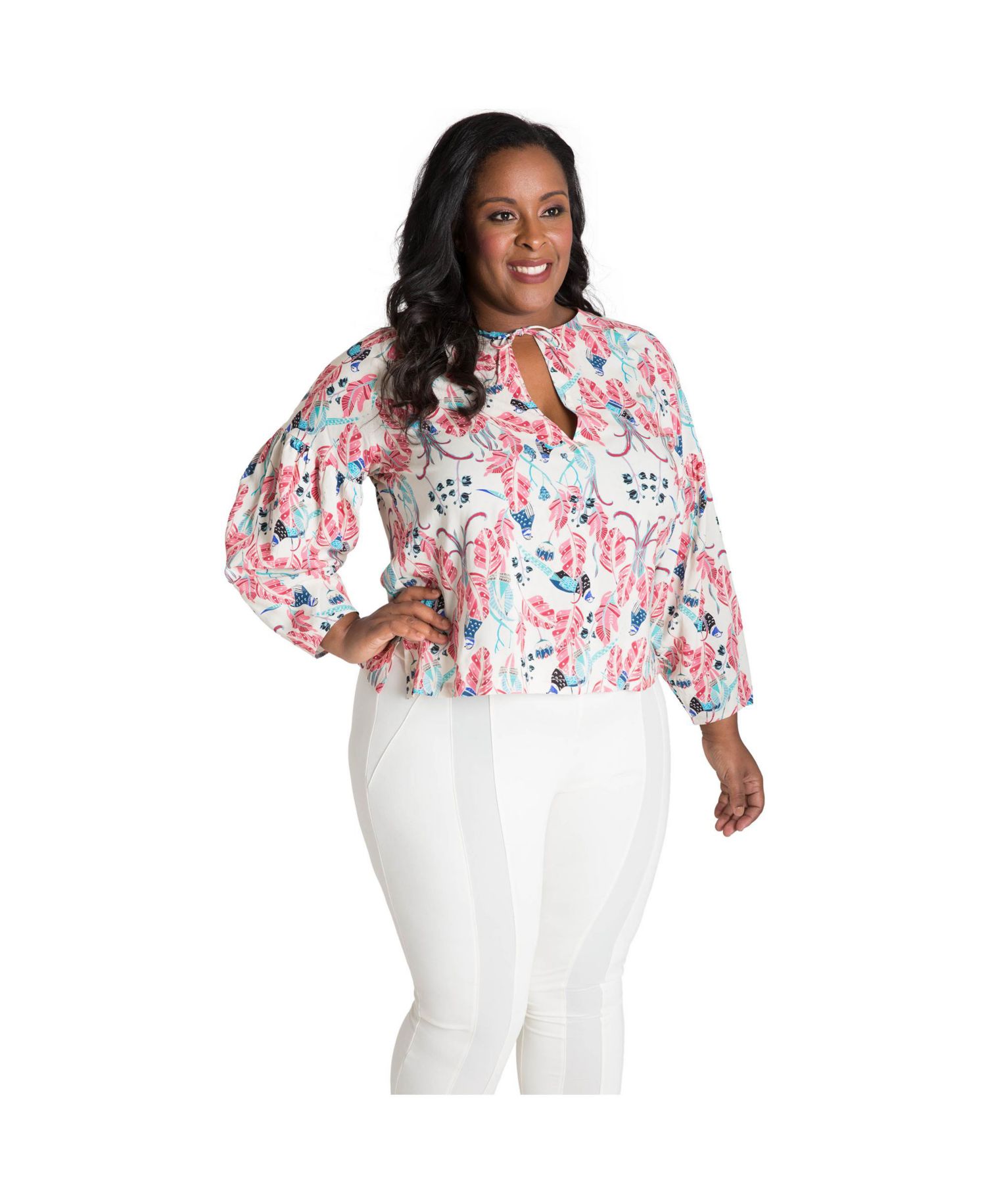 Plus Size Puff Sleeve Tie-Neck Peacock Print Blouse