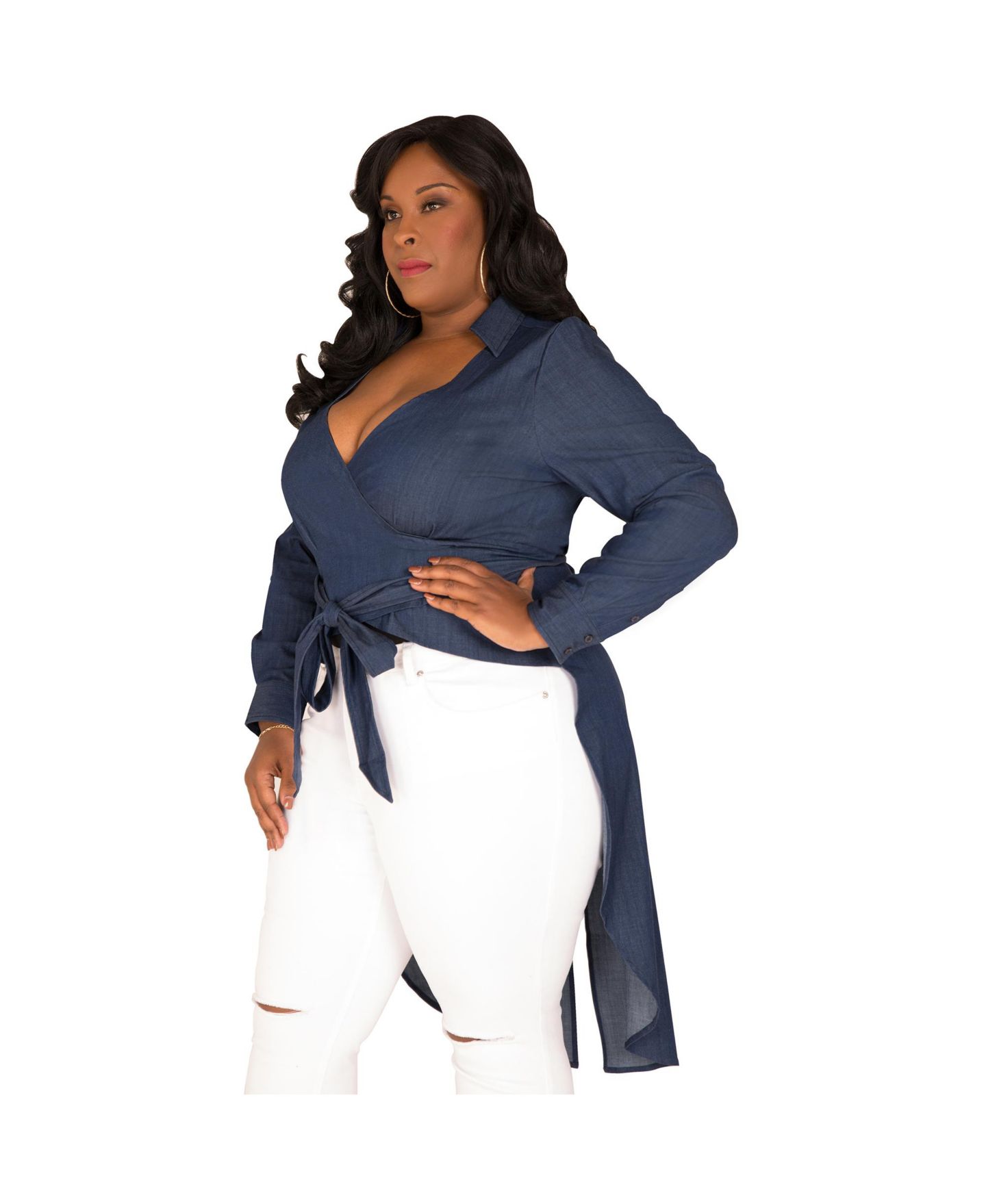 Женская рубашка Poetic Justice Plus Size Fishtail Tencel Denim High-Low Wrap, цвет: Индиго — фото 3