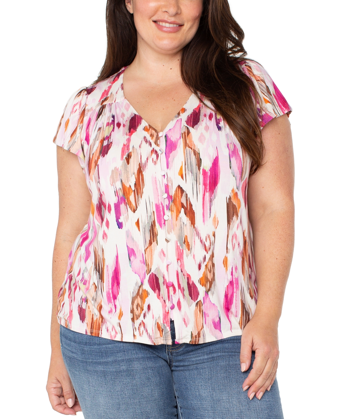 Liverpool Plus Size Flutter-Sleeve Button-Front Top - PINK PAINTED IKAT