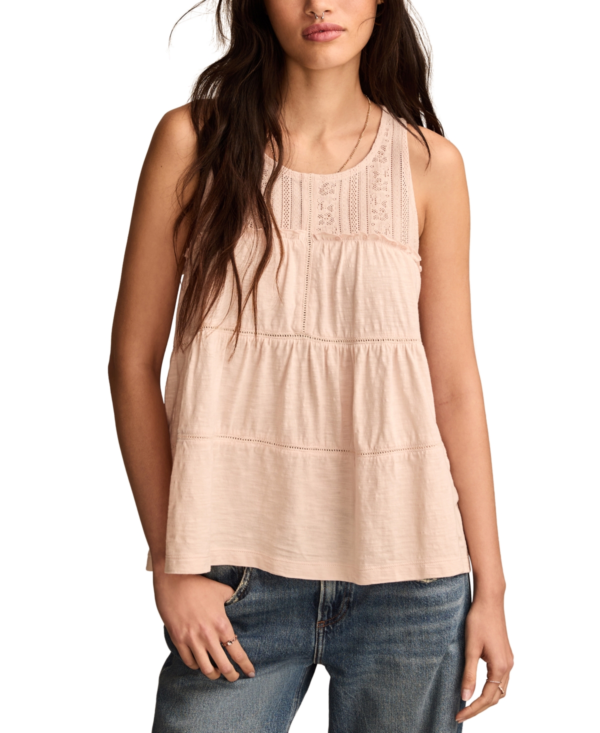 LUCKY BRAND WOMEN'S LACE RUFFLE TIERED TUNIC TOP