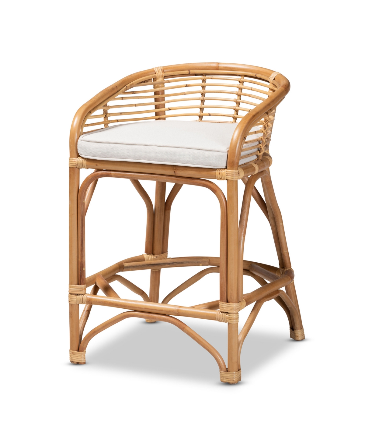 Bali & Pari Bohemian White Fabric Upholstered And Natural Brown Rattan Counter Stool In White,natural Brown