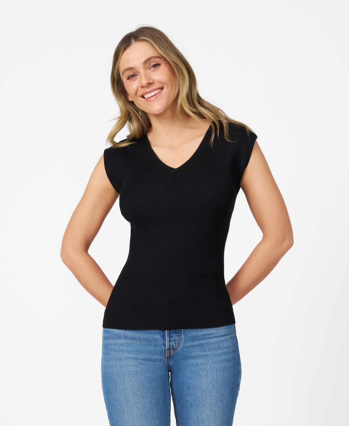 Women's Ribbed V-Neck Cap Sleeve Sweater - Jet black