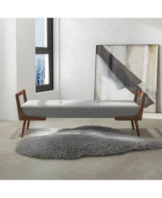 Mid-Century Modern Gray Upholstered Bench, Tufted Fabric Seat with Walnut Wood Frame-The Pop Home