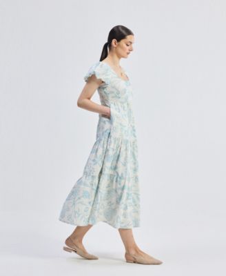 Women's Puff Sleeve Tiered Midi Dress in Blue Florals