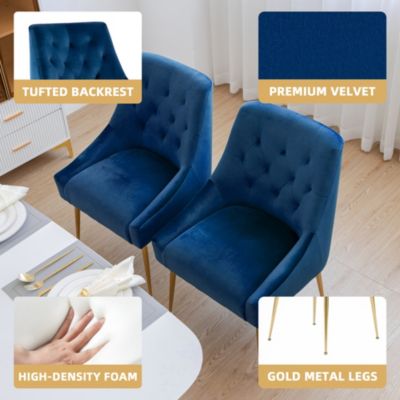 Modern Velvet Upholstered Dining Chairs Set of 2, Mid Century Side Chairs with 5.12” Cushions and Back Pull Rod for Kitchen, Living Room