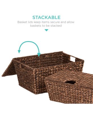 Set of 2 XL Water Hyacinth Woven Tapered Storage Basket Chests w/ Attached Lid, Handle Hole