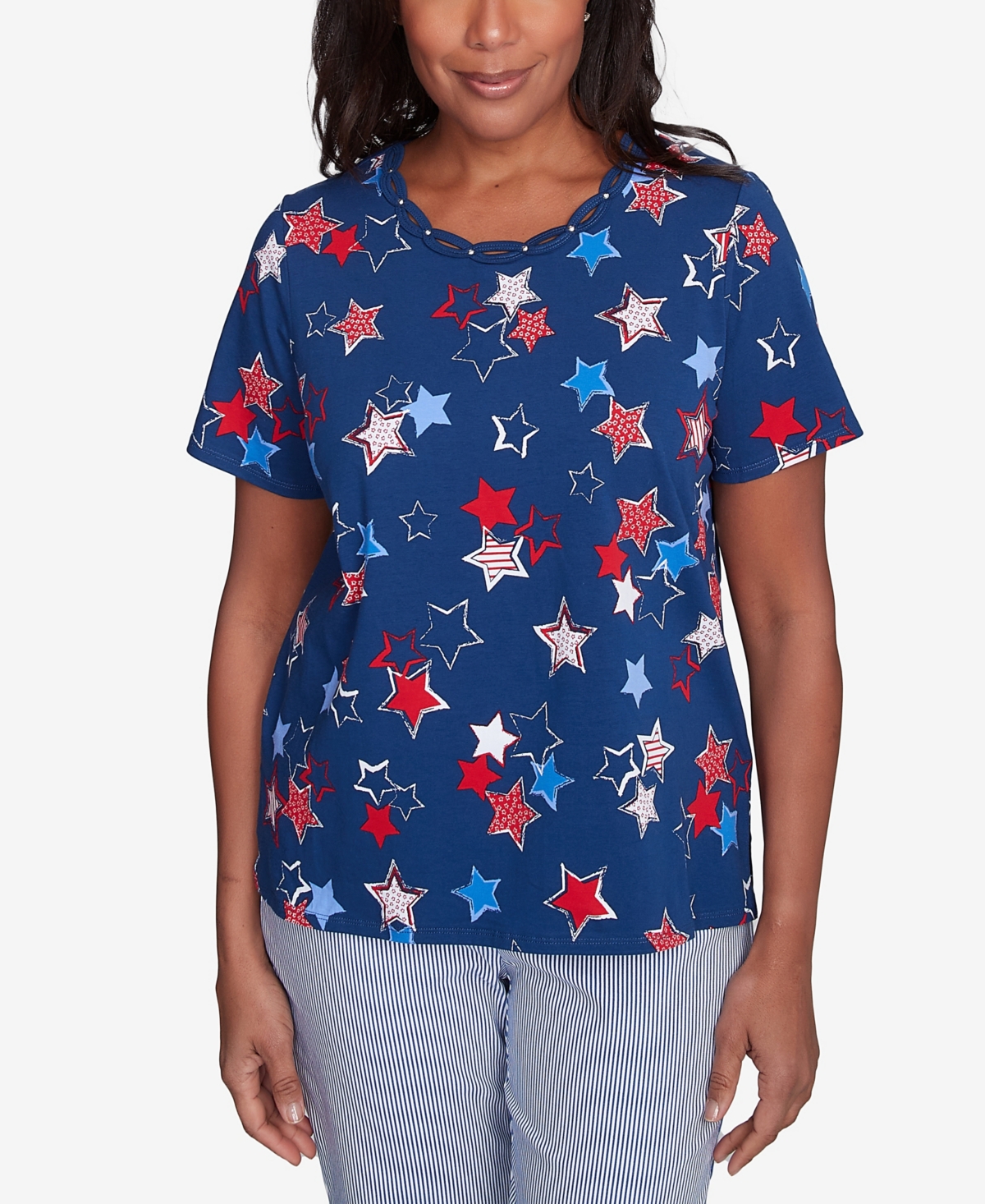 Alfred Dunner Plus Size Star Studded Crew Neck Tee In Navy