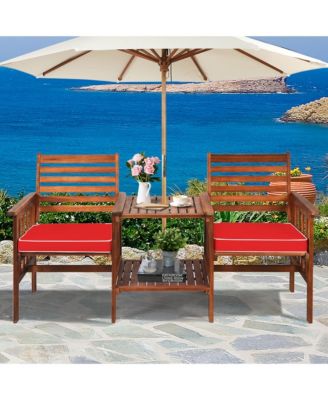 Patio Outdoor Conversation Set Acacia Wood Loveseat  w/ Cushion Table