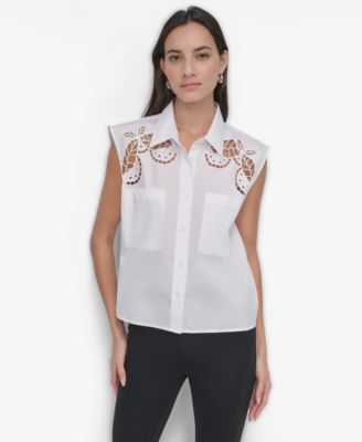 DKNY - Women's Cotton Sleeveless Ladder-Trim Blouse