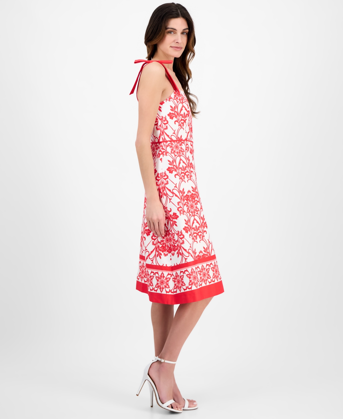 Anne Klein Bow Shoulder Midi Dress In Hibiscus Red,white
