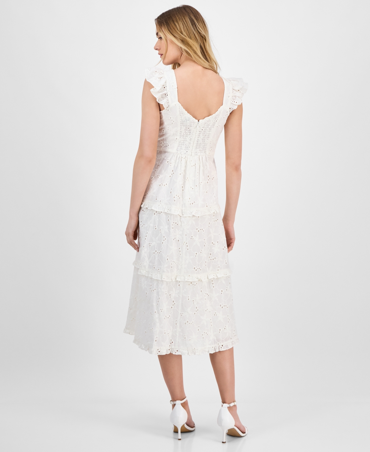 Anne Klein Embroidered Eyelet Cotton Tiered Midi Dress In Pearl White