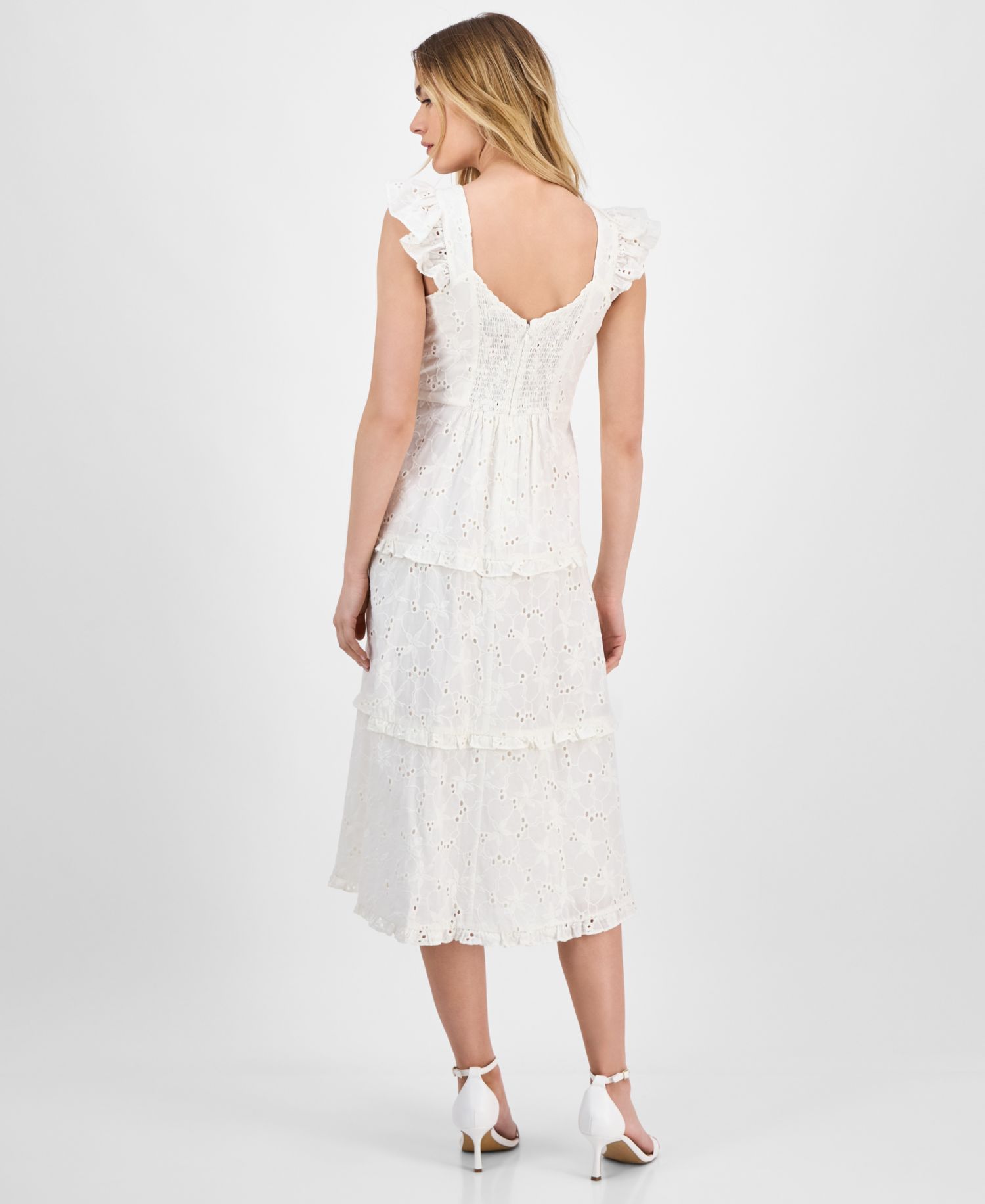 Women's Eyelet Square-Neck Tiered Midi Dress