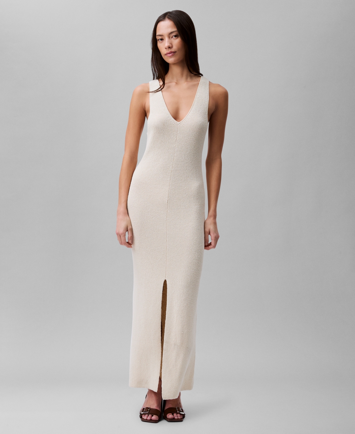 Calvin Klein Women's Sleeveless V-neck Rib Knit Maxi Dress In Summer Sand