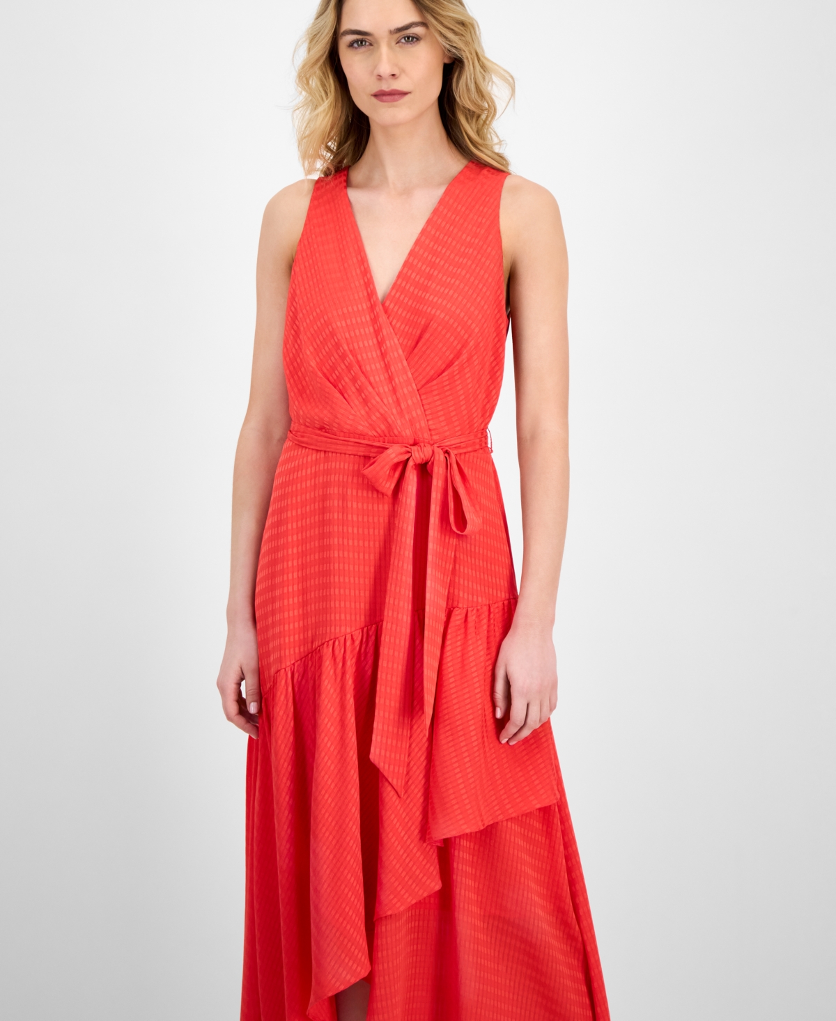 Shop Anne Klein Women's Tie-waist Ruffled-hem Satin Maxi Dress In Hibiscus Red