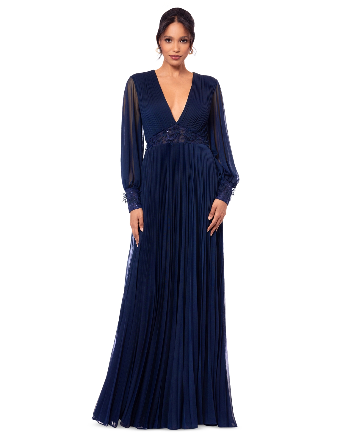 BETSY & ADAM WOMEN'S LONG MESH SEQUIN-WAIST DRESS 