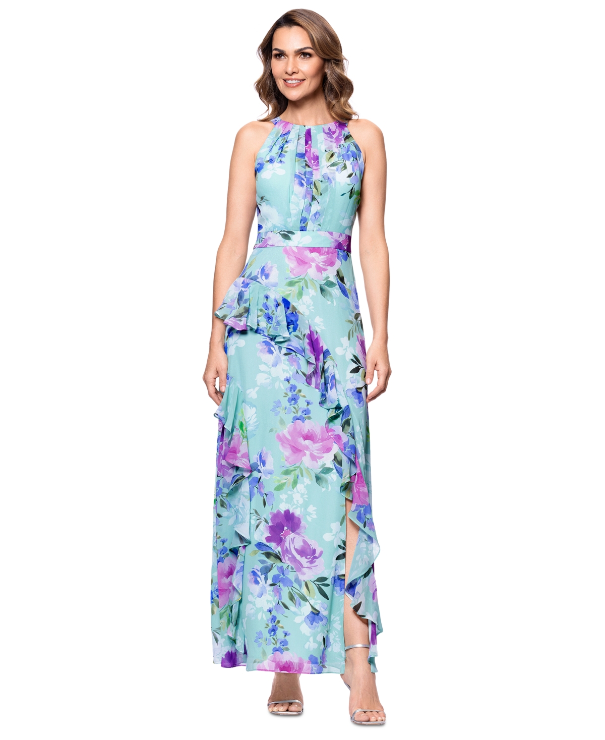 BETSY & ADAM BETSY & ADAM WOMEN'S BACK-TIE HALTER RUFFLED GOWN 