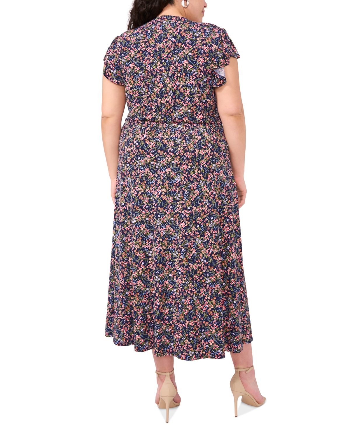 Msk Plus Size Floral-print Flutter-sleeve Midi Dress In Navy Multi