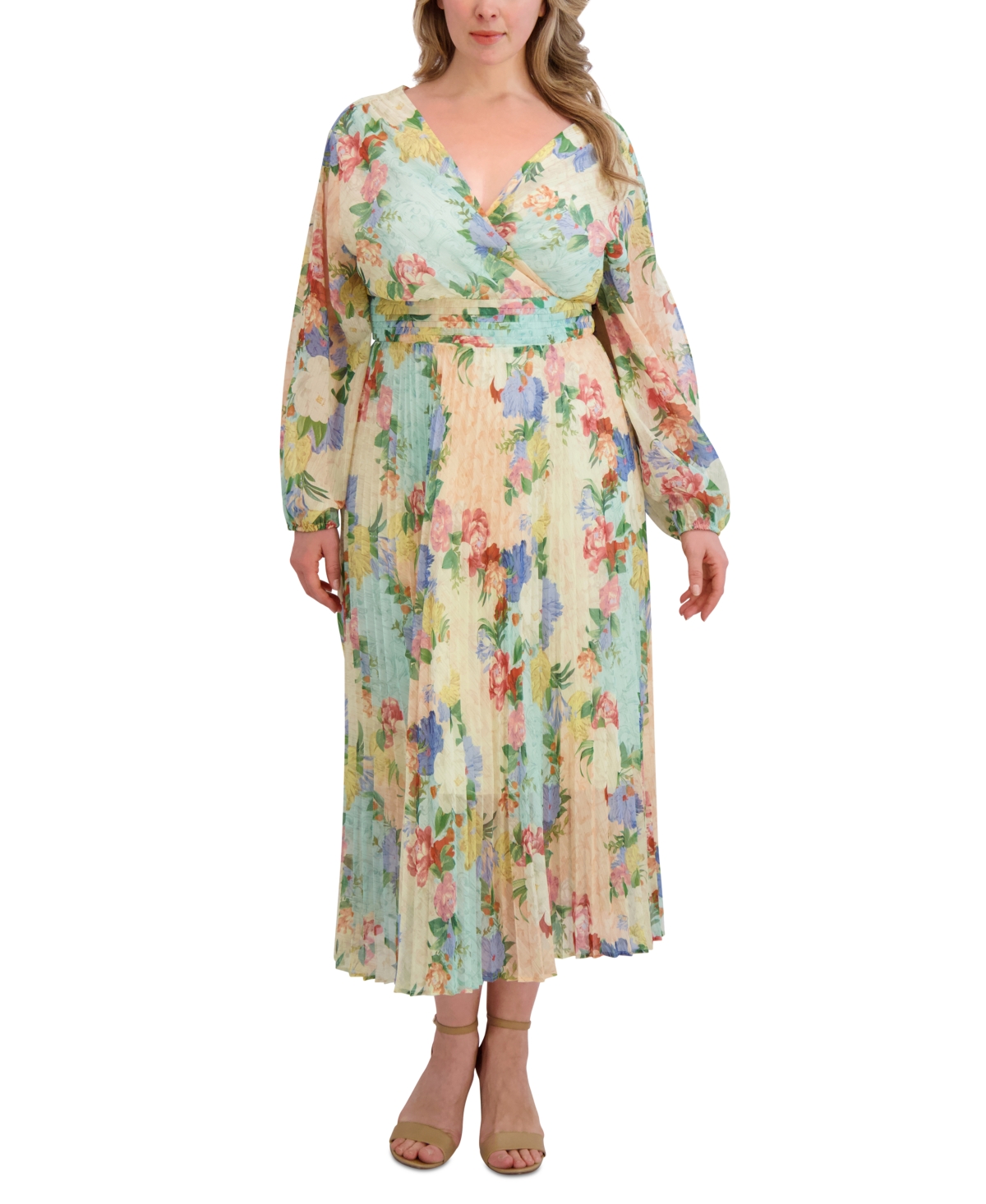 Siena Plus Size Floral-print Pleated Maxi Dress In Multi