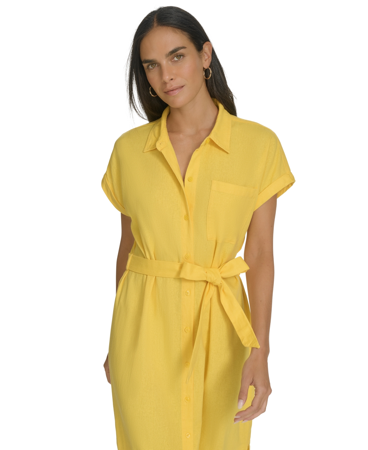 Shop Calvin Klein Women's Cuffed-sleeve Maxi Shirtdress In Daffodil