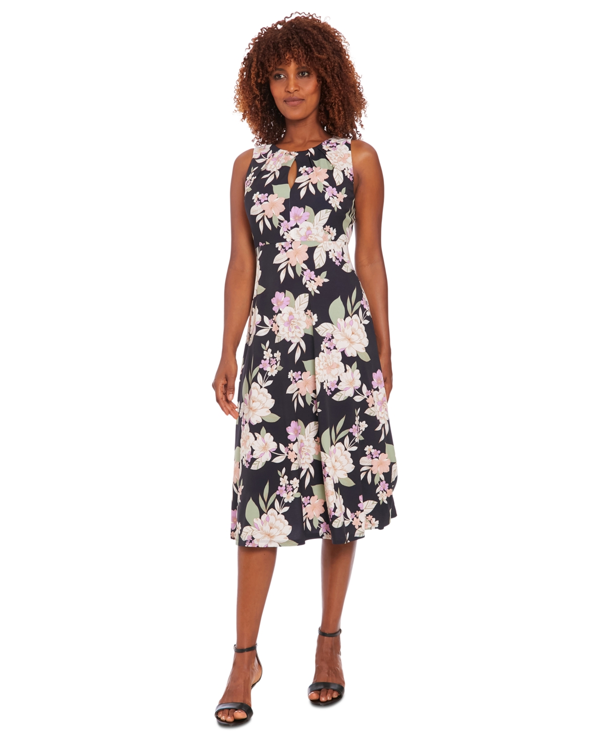 Maggy London Petite Floral-print A-line Dress In Blk Multi