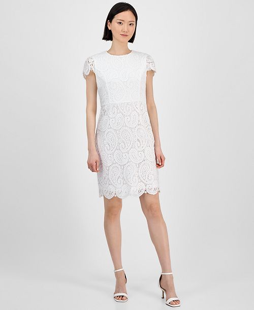 alfani Tahari Women's Short-Sleeve Lace-Detail Sheath Dress Women's Fashion Shoes & Accessories