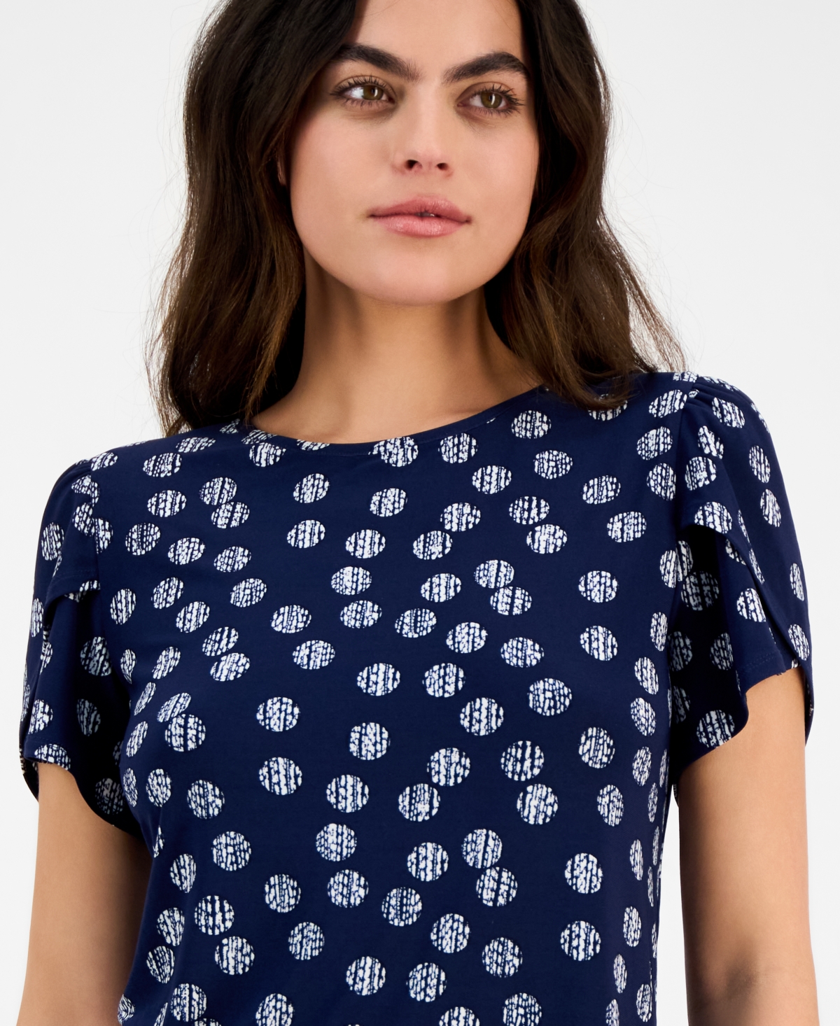Ak Anne Klein Petite Dot-print Tulip-sleeve Top In Distant Mountain,bright White