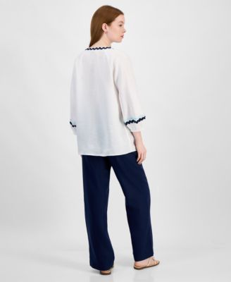 CHARTER CLUB WOMENS 100 LINEN RICKRACK TRIM TOP 100 LINEN DRAWSTRING PANTS EXCLUSIVELY AT MACYS 