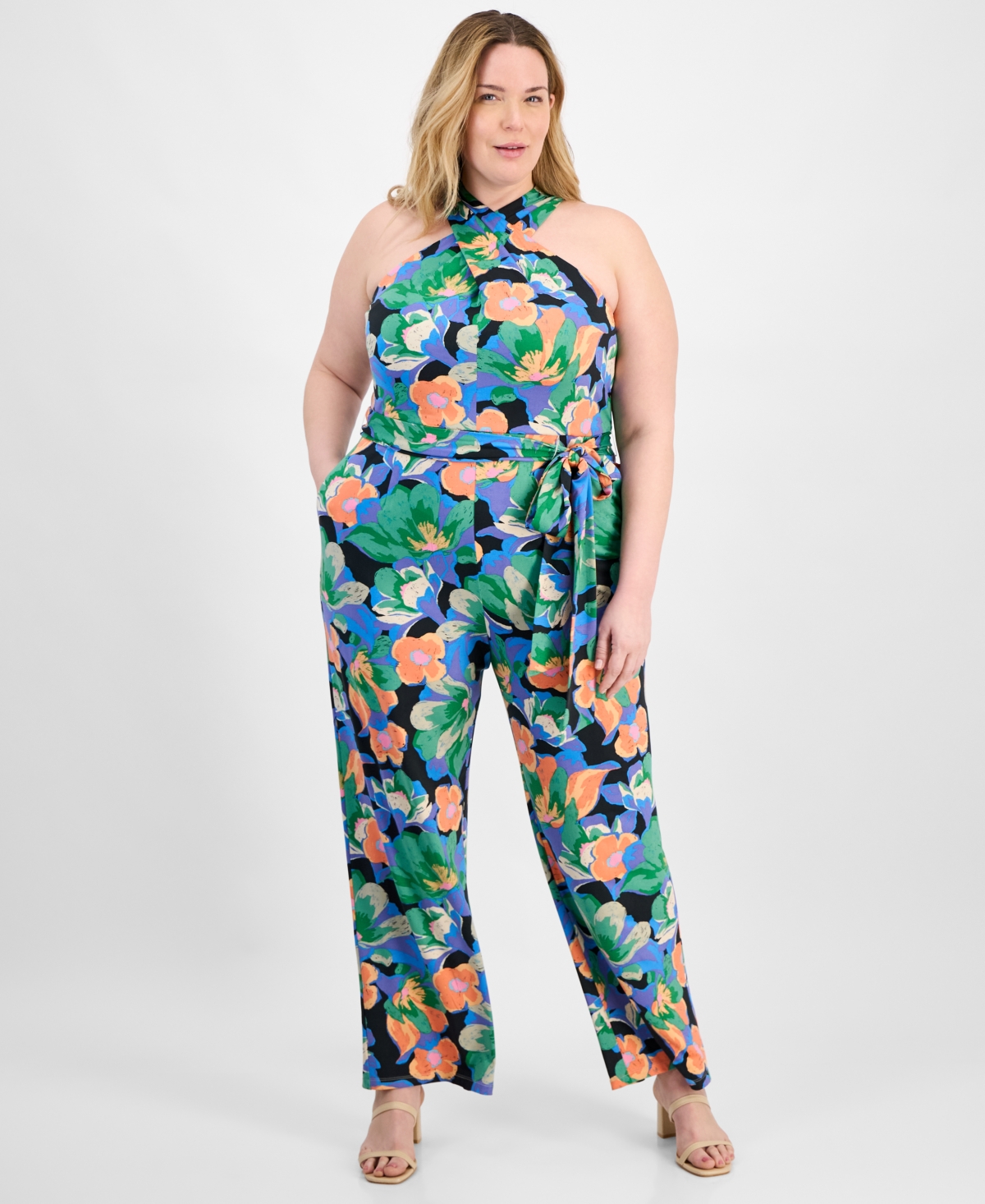 Plus Size Twist Halter-Neck Jersey Jumpsuit - Black/Orange