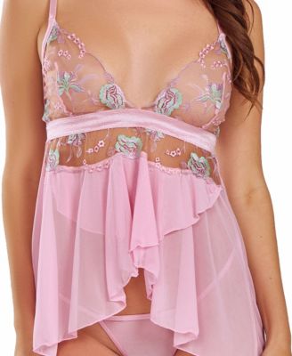 Women's Sheer Ebriodered Bodice Babydoll Lingerie Set