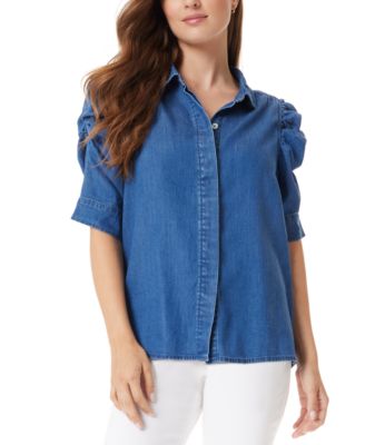 Sam Edelman - Women's Ruched Puff-Sleeve Denim Top