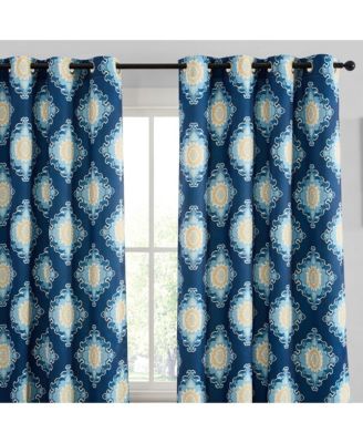 Liam Ogee Ikatt Damask Patterned Window Grommet Curtains Bedroom - Light Blocking Darkening Window Panels, Set of 2 (Navy Blue, 52 W x 96 L