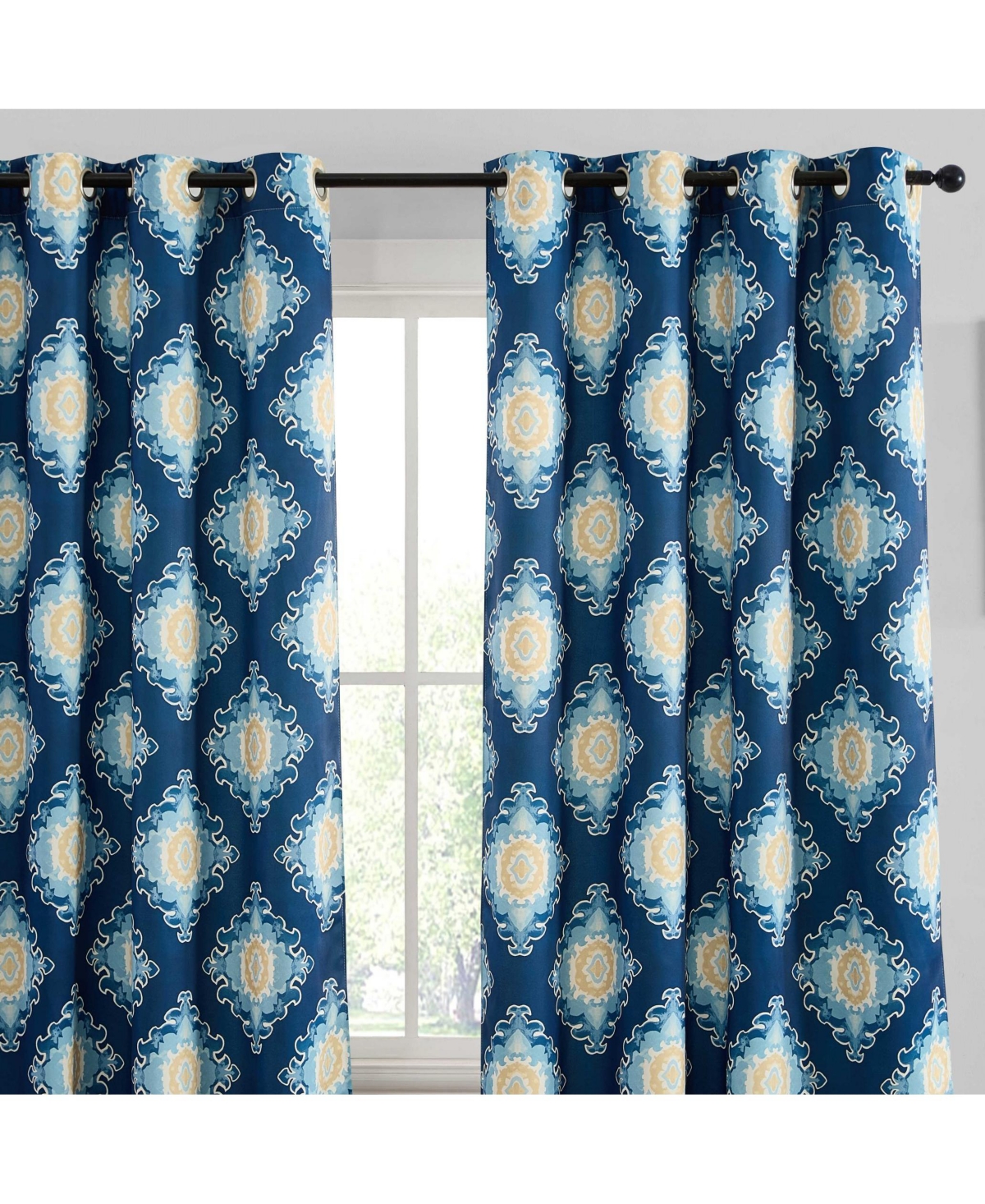 Hlc.me Liam Ogee Ikatt Damask Patterned Window Grommet Curtains Bedroom - Light Blocking Darkening Window Panels, Set of 2 (Navy Blue
