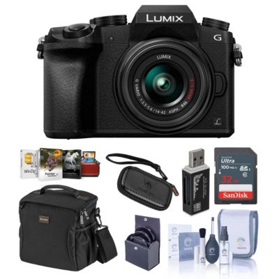 Panasonic Lumix DMC-G7 Mirrorless Camera with 14-42mm Lens, Black - Bundle with Camera Case, 32GB SDHC Card, Cleaning Kit, Memory Wallet,