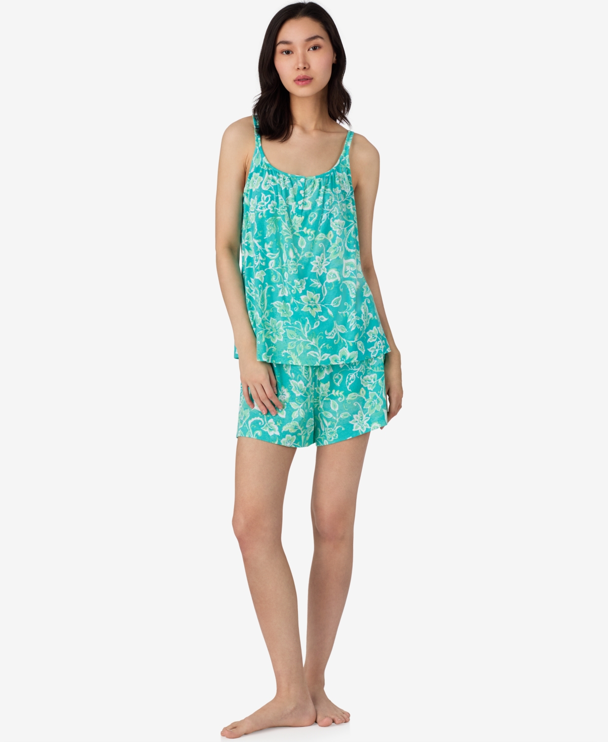 Women's Double Strap Camisole and Short Pajama Set - Aqua Floral