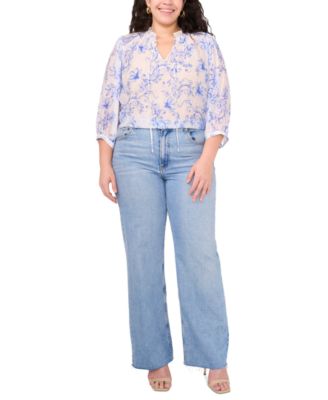 Plus Size Split-Tie-Neck 3/4-Sleeve Blouse 