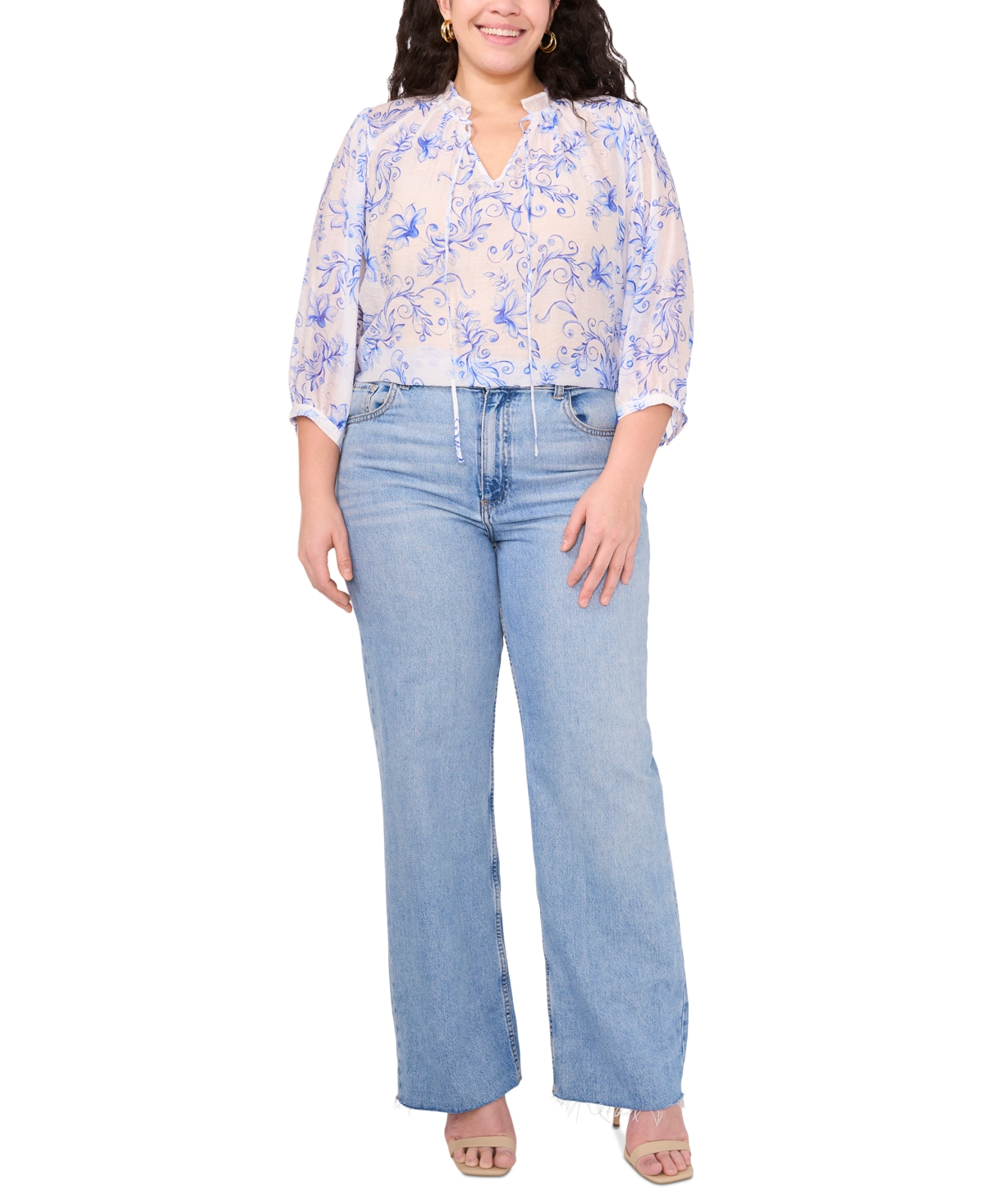 Vince Camuto Plus Size Split-tie-neck 3/4-sleeve Blouse In Lucent White
