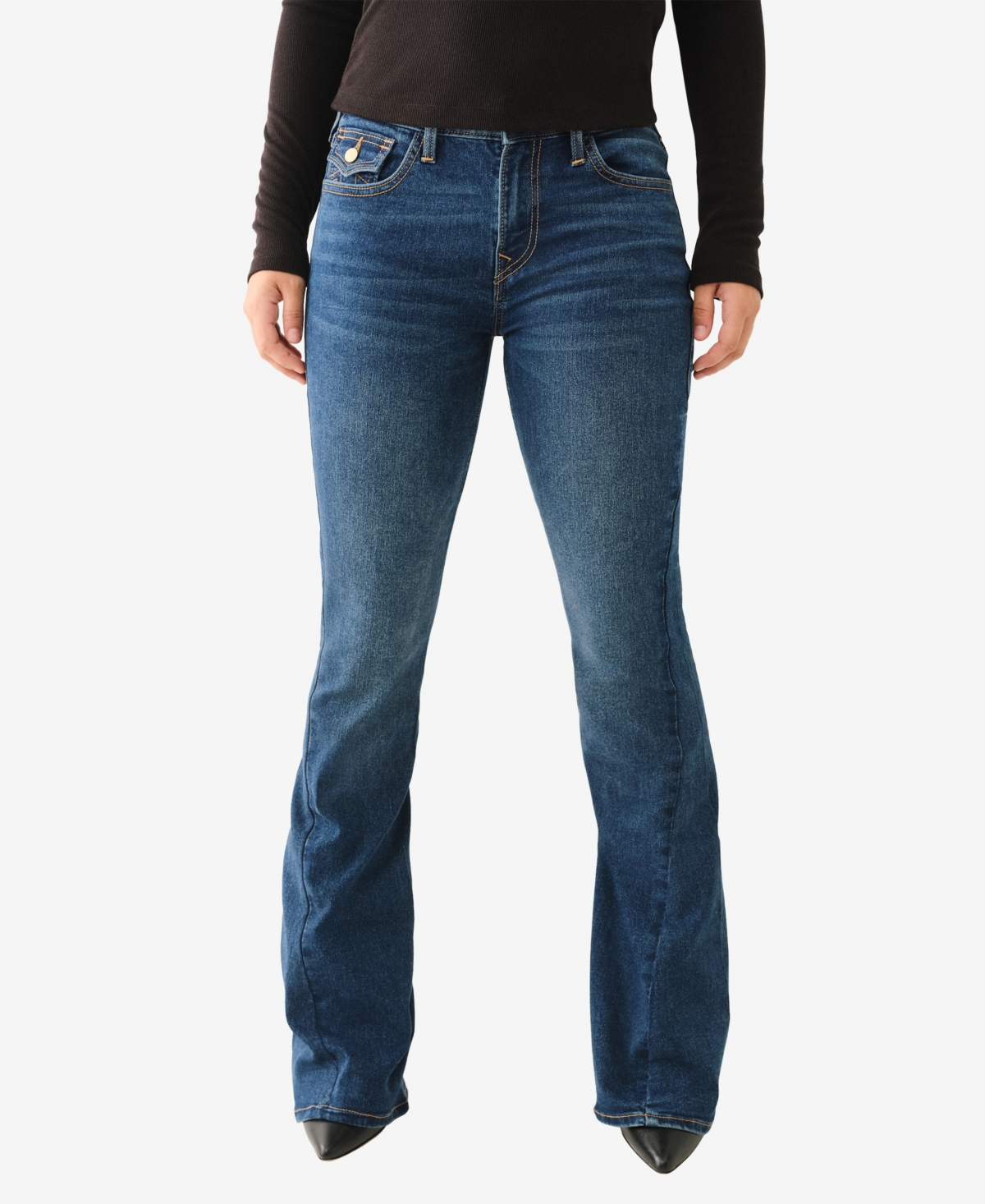 TRUE RELIGION WOMEN'S JOEY MID RISE FLAP FLARE JEANS 