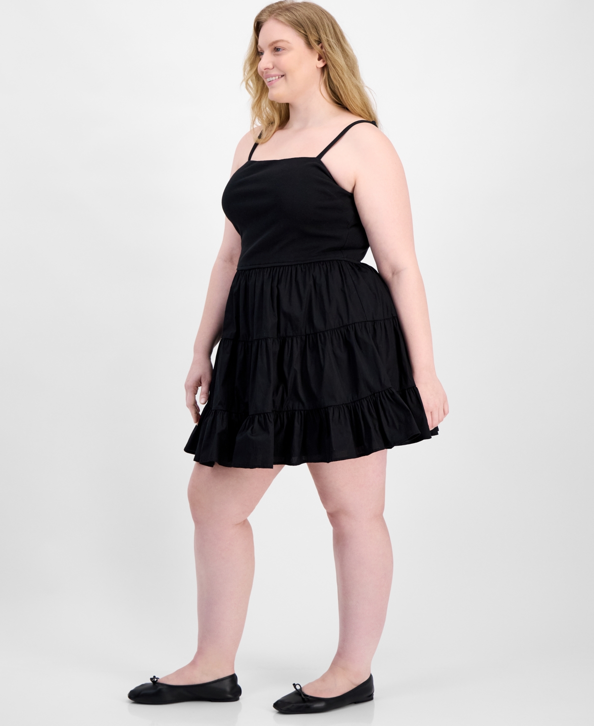 Madden Girl Trendy Plus Size Sleeveless Tiered Bubble Minidress In Black