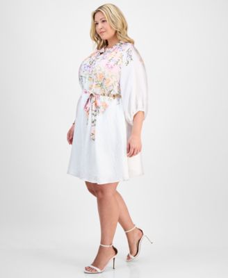 Plus Size Placed-Floral Tie-Waist Shift Dress