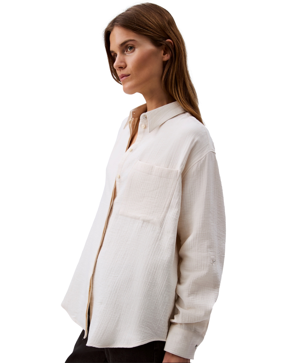 Calvin Klein Jeans Est.1978 Women's Double Gauze Roll-tab-sleeve Button-down Shirt In Chalk