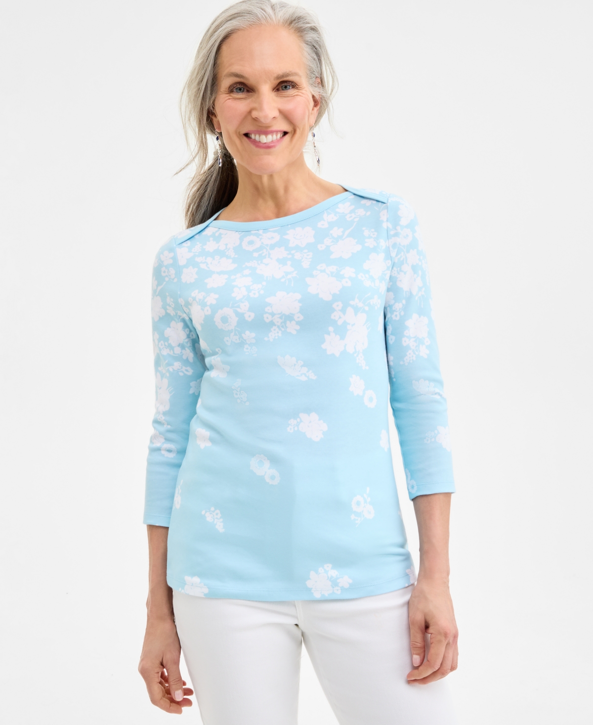 Women's Printed Pima Cotton Boat-neck 3/4-Sleeve Top, Created for Macy's - Dream Blue Combo